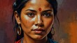 typical traditional nepalese woman abstract portrait oil pallet knife paint painting on canvas with large brush strokes art illustration on plain white background from Generative AI