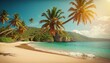 Beach with palm trees, ocean view, summer background illustration concept