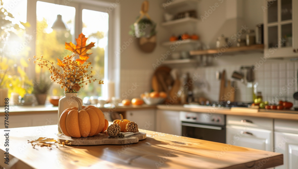 Autumn kitchen interior with wooden table, pumpkins and autumn leaves ...