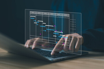 Fototapete - project planner in software. schedule plan management work update and workflow. concept updating and managing milestones on a timeline Gantt chart in technology online. appointment staff of business