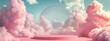 3D render of an abstract background with an empty pink circular podium stage floating in the clouds against a pastel sky.