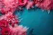 Pink feathers, different falling fluffy twirled feathers., flowers. blue background. Space for text