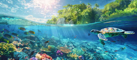 Wall Mural - A sea turtle is swimming near an island covered in lush greenery. The sun shines brightly above, casting warm light on everything below the water's surface