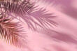 Pink 3D studio background with tropical leaves and shadow for product presentation. Empty background with shadows of palm leaves. 3d room with copy space