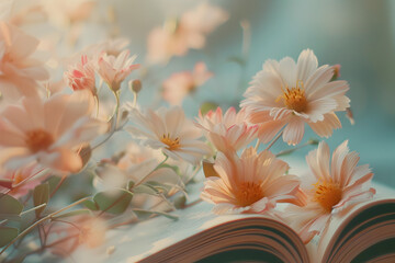 A book is open to a page with a flowery scene. The flowers are pink and yellow, and they are scattered throughout the page