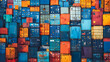 A colorful image of many different colored shipping containers stacked on top of each other. Concept of busyness and movement, as if the containers are constantly being loaded and unloaded