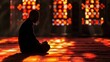 Holy prayer in a mosque. Call to prayer. Muslim men in meditation. Islam religion at sunset.