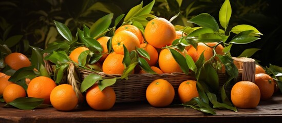 Canvas Print - A rustic basket filled with vibrant oranges and a few green leaves placed on a simple wooden table