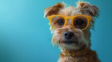   Close-up Of Dog With Yellow Glasses On Its Face, Gazing Into Camera