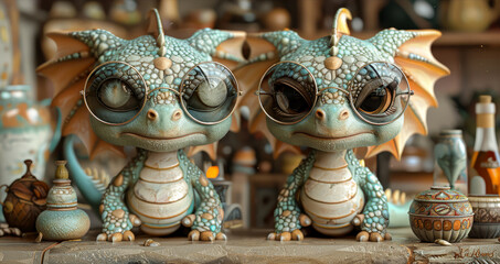 Sticker -   A detailed image of a dragon figurine, with large eyes and displayed alongside other figurines on a bookshelf