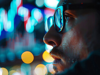 Wall Mural - A man with glasses looking at a screen with a blurry background. The man's face is the main focus of the image, and the blurry background adds a sense of depth and mystery to the scene