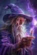 Illustration of an elderly wizard conjuring magic