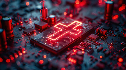 A microchip board displaying a glowing red Jesus cross symbol.