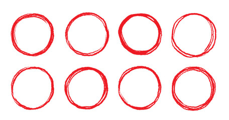 Aufkleber - Round brush stroke red stamp vector frame. Hand drawn rough scribble red effect line. Paint color crayon brush stroke frame. Scribble hand drawn grunge doodle circle set. Vector illustration