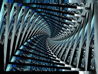 Wall Mural - silver grey light blue creative futuristic design on black background corkscrew style to a vanishing point