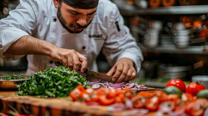   A man in a chef's hat skillfully chops onions beside a mound of veggies on a cutting board