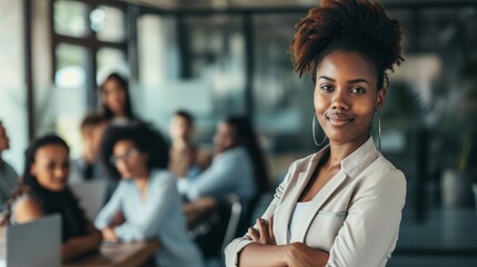 Wall Mural - Portrait of young African American female looking camera standing arm crossed in front of colleagues running a business startup or new career path occupation, businesswoman lady lifestyle working