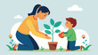 A depiction of a caregiver portrayed as a nurturing figure planting seeds in a young childs mind implying the impact of parental behaviors and