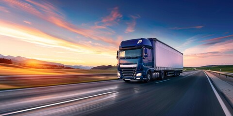 Wall Mural - A modern semi truck speeds down a highway against a setting sun, casting long shadows on the road