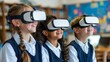 children in a schools classroom wearing VR glasses - kids using virtual reality for education