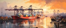 A Beautiful Painting Of A Cargo Ship Docked In A Harbor With A Stunning Sunset In The Background, Creating A Picturesque Scene
