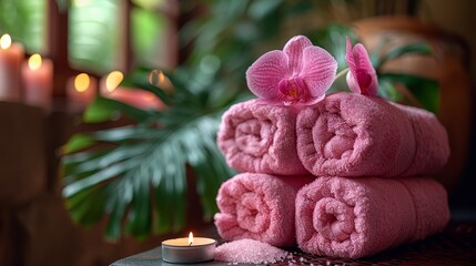 Poster -   A table with a lit candle, potted plant, and stacked pink towels on top