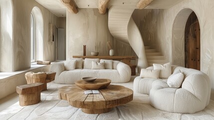 Wall Mural -   A cozy living room features white couches and a wooden coffee table, with a spiral staircase ascending to the upper level