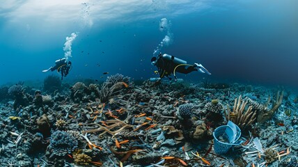 Wall Mural - Divers collect trash around coral and fish life under the sea world ocean day world environment day Virtual image