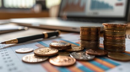 Wall Mural - Financial industry office desktop with stock market financial statements in the background, reflecting wealth