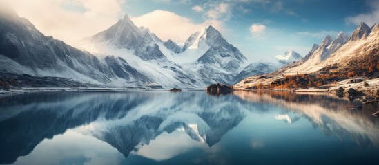 Poster - A calm and tranquil lake sits in front of a grand and towering mountain range, creating a peaceful and beautiful scene