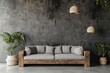   A livable space featuring a couch, potted plants, and a concrete backdrop wall