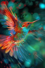 Wall Mural -   A hummingbird flies with vibrant wings spread against a blurred backdrop of green, red, orange, blue, and green