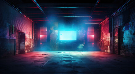 Wall Mural - Background of an empty corridor, garage, stage, cement floor, basement, tunnel with brick, old walls and neon lights. Brick walls, neon, smoke and spotlight. Empty background scene, bright.