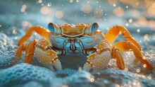   A Tight Shot Of A Blue-yellow Crab On The Sandy Beach, With Water Beads On Its Back Legs