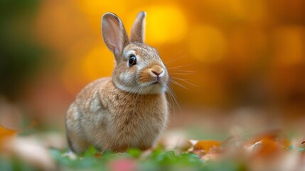   A tight shot of a rabbit amidst a field of waving grasses Leaves scatter the ground beneath, and trees frame the backdrop