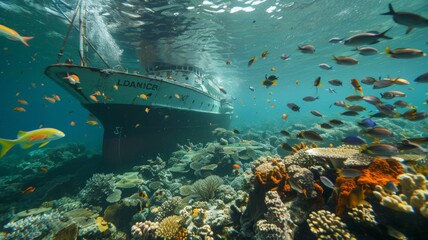 Ship noise pollution affects aquatic animals in the sea.world ocean day world environment day Virtual image.