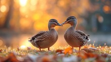   A Few Ducks Rest Beside One Another Atop A Verdant Field, With A Forest Backdrop Behind Them