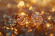   A pair of diamond studs atop a polished surface against a backdrop of soft focus light
