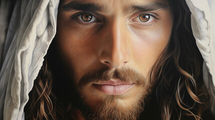 Wall Mural - Intimate Portrait of Jesus of Nazareth with Soulful Eyes and Crown of Thorns