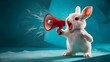 Easter bunny megaphone announcement on a bright turquoise blue background