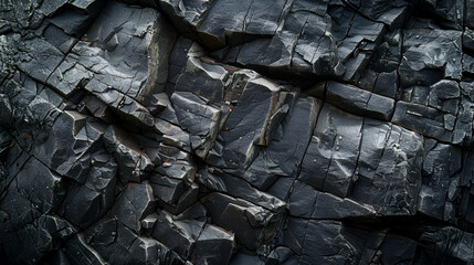 Wall Mural - Dark grey stone texture background. Natural pattern of black rock surface,pile of charcoal isolated on black background. top view,black crumpled paper background texture