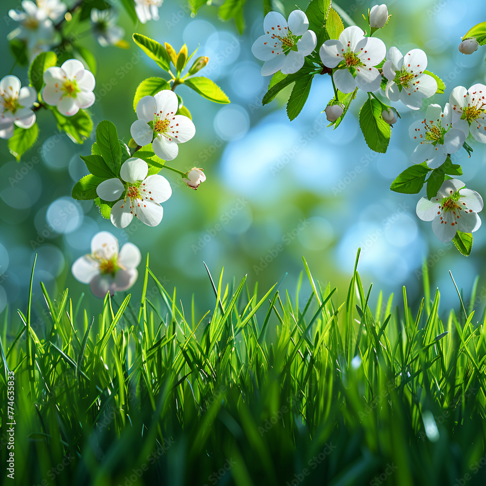 Fondo de primavera con hierba verde, flores y hojas en vector Stock  Illustration | Adobe Stock, image size:1000x1000