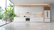Sleek white kitchen interior with marble countertops and natural light