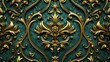 Vintage green and gold baroque pattern wallpaper design.