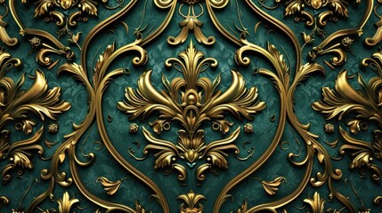 Vintage green and gold baroque pattern wallpaper design.