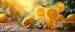   A tight shot of an orange juice glass garnished with sliced lemons and sprigs of mint resting on a weathered wooden table