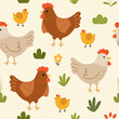 Seamless pattern with cute hen, chicks, flowers and leaves for your fabric, children textile, apparel, nursery decoration, gift wrap paper. Vector illustration