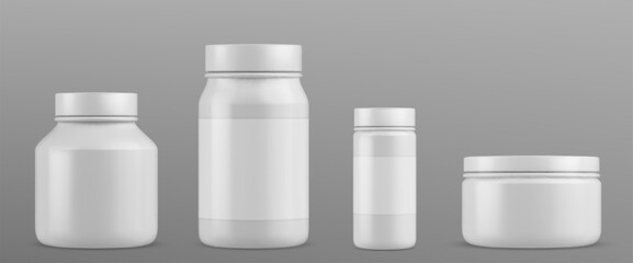 Plastic bottle for pills and supplements mockup. Realistic 3d vector set of white jar for medicine and vitamin with blank label. Template of round closed container pharmacy capsule, tablet or powder.