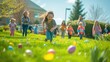 A group of children are enjoying a leisurely afternoon playing with Easter eggs in the grass, surrounded by trees and beautiful flowers under a clear blue sky AIG42E