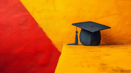 Wall Mural -   A black graduation cap atop a yellow-red wall, adjacent to a red-yellow one, features a blue tassel